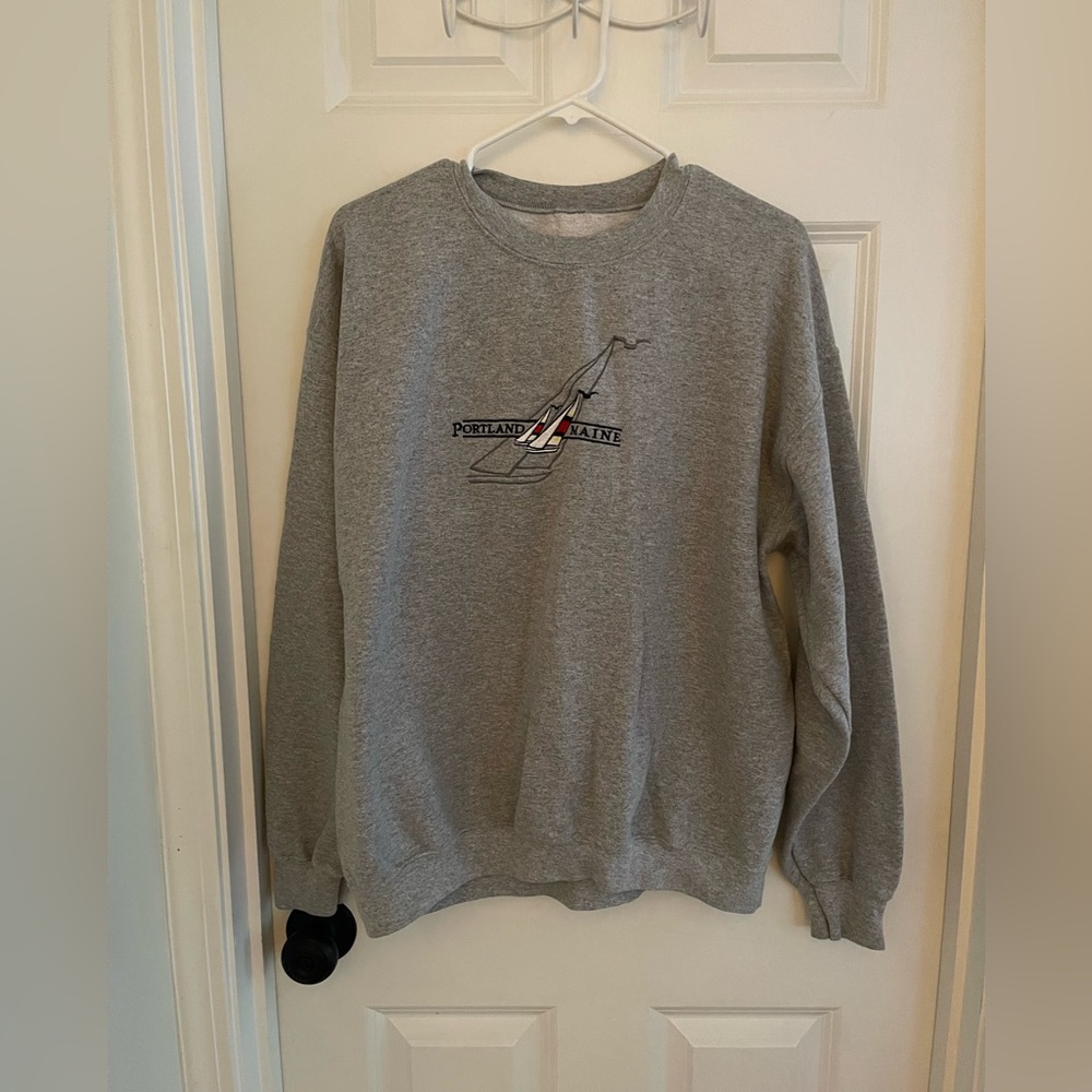 Oversized Portland Maine Grey Crewneck Sailboat Design